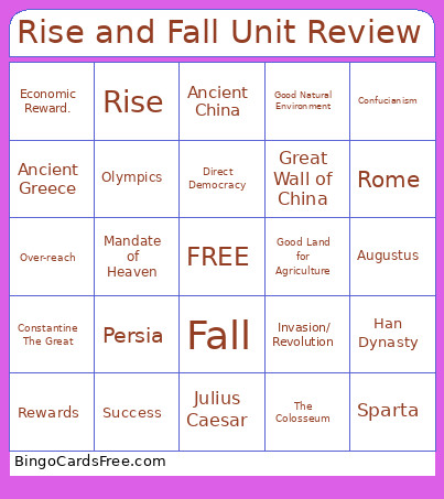 Rise And Fall Unit Review Bingo Card