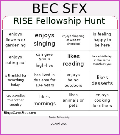 RISE Fellowship Hunt Bingo Card