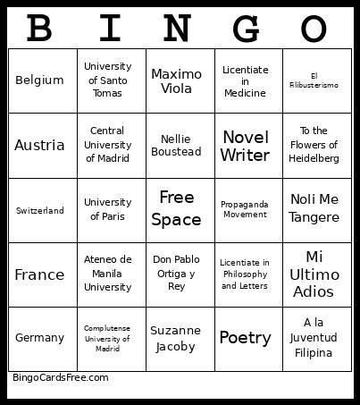 RIZAL Bingo Card