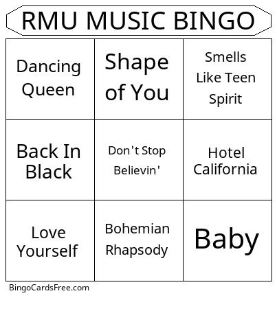 Overplayed Bingo Cards Free Pdf Printable Game, Title: RMU MUSIC BINGO