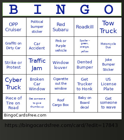 Road Trip Bingo Card 2