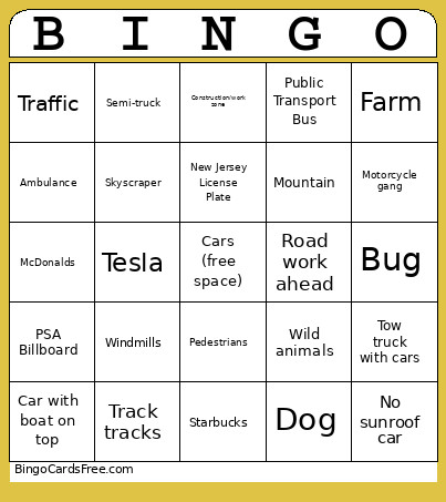 Road Trip Bingo Card