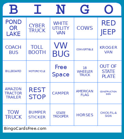 Road Trip Bingo Card
