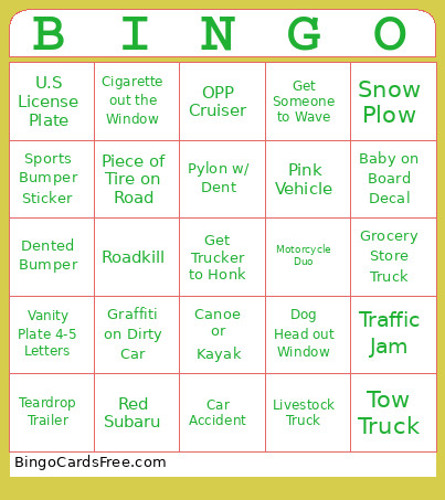 Road Trip Bingo Card 2