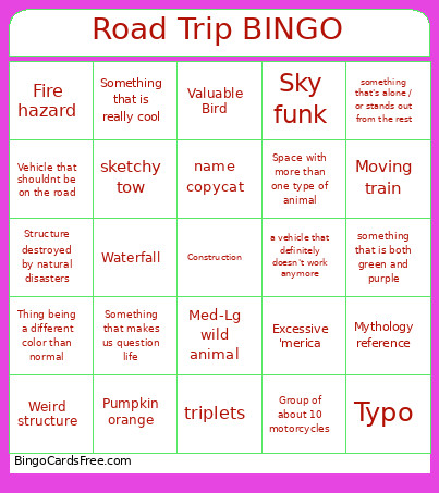 Road Trip Bingo Card
