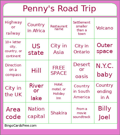 Road Trip Karaoke Bingo Card