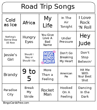 Road Trip Songs Bingo Card