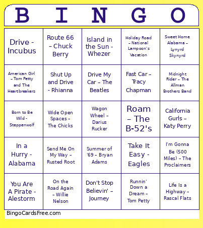 Road Trip Tunes ! Bingo Card