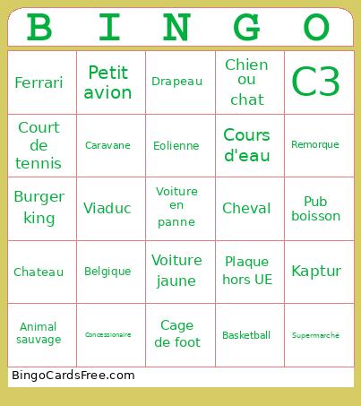 Roads Bingo Card