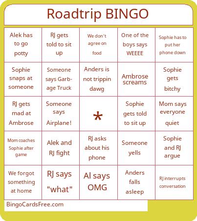 Roadtrip bingo Cards Free Pdf Printable Game, Title: Roadtrip BINGO