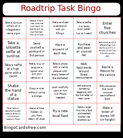 Roadtrip Task Bingo Card