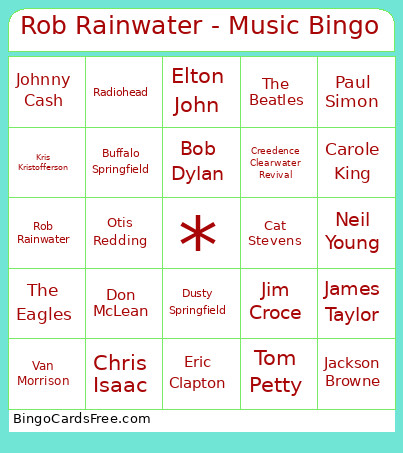 Rob Rainwater - Music Bingo Card