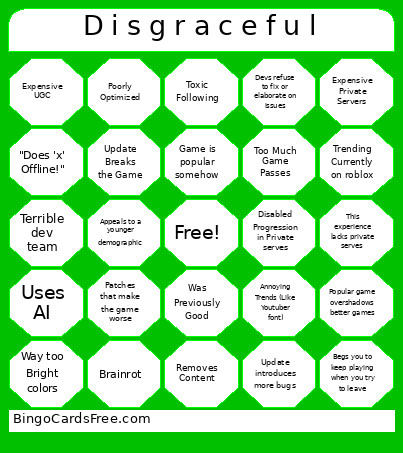 Roblox Bad Game Design Bingo Card