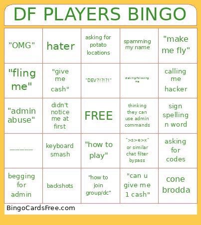 Roblox Difficulty Fling Players Bingo Card