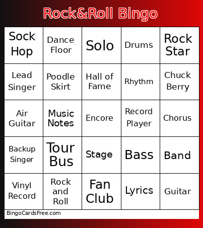 Rock And Roll Bingo Card