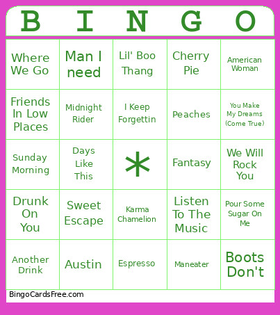 Rock & Country & Pop Bingo Card