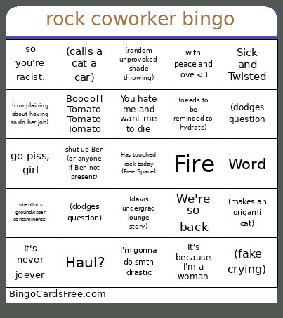 Rock Coworker Bingo Card 2