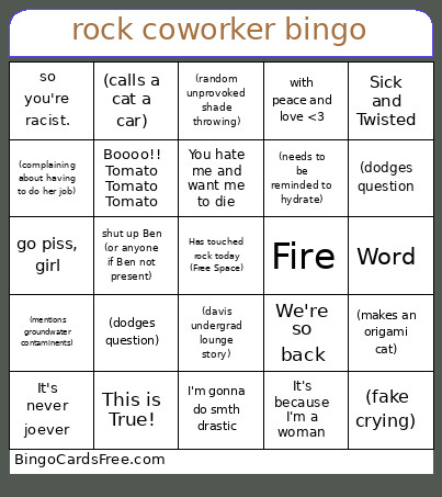 Rock Coworker Bingo Card