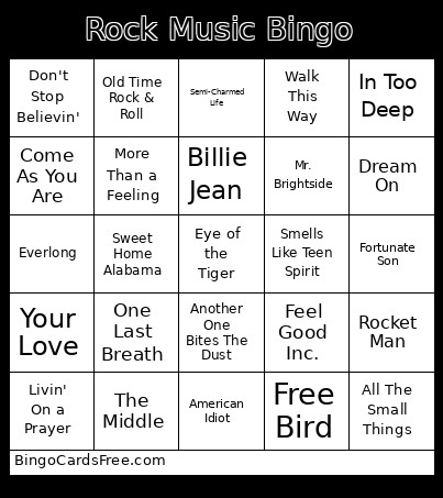 Rock Music Bingo Card