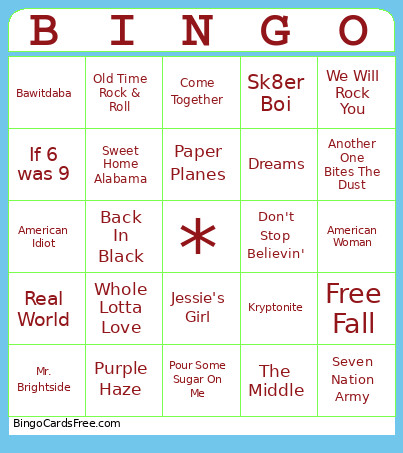 Rock Musical Bingo Card