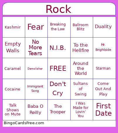 Rock N Roll Bingo Card