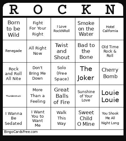 Rock N' Roll Bingo Card