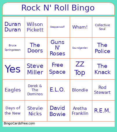 Rock N' Roll Bingo Card