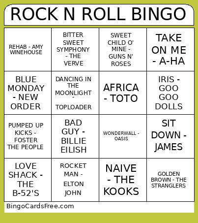 ROCK N ROLL Bingo Card