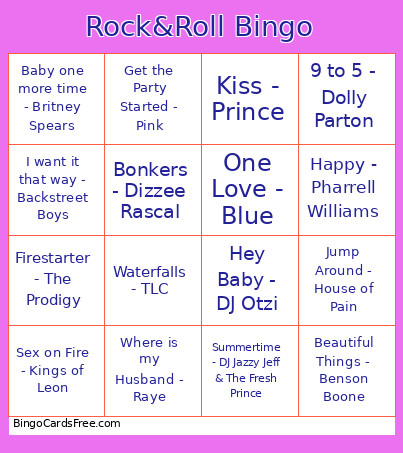 Rock N Roll Bingo Card