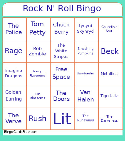Rock N' Roll Bingo Card