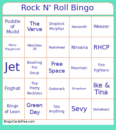 Rock N' Roll Bingo Card