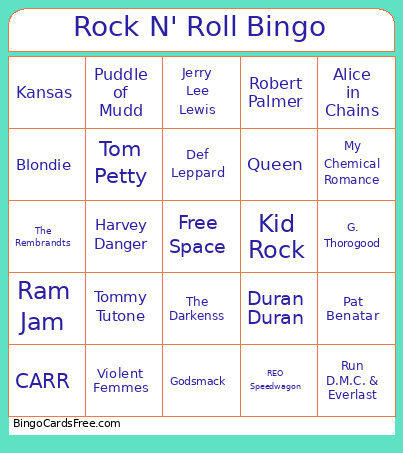 Rock N' Roll Bingo Card