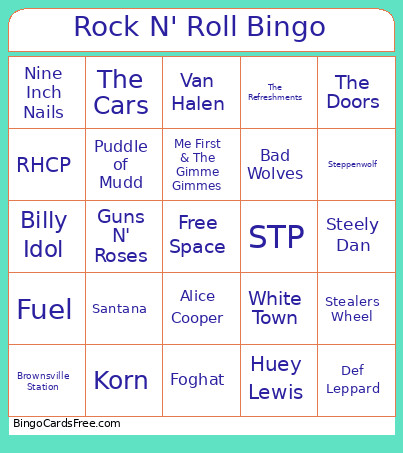 Rock N' Roll Bingo Card