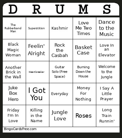 Rock N' Roll Hall Of Fame Music Bingo Card