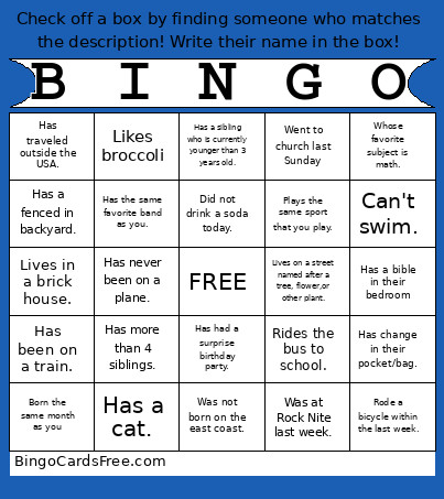Rock Nite Bingo Card