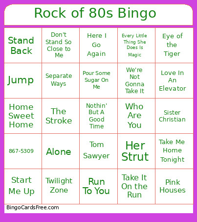 Rock Of 80s Bingo Card