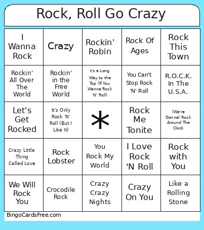 Rock, Roll Go Crazy Bingo Card