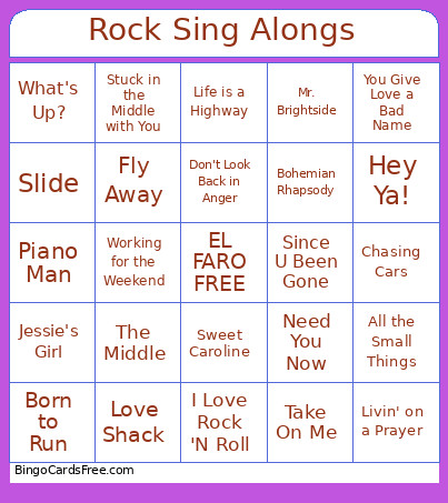 Rock Sing Alongs Bingo Card