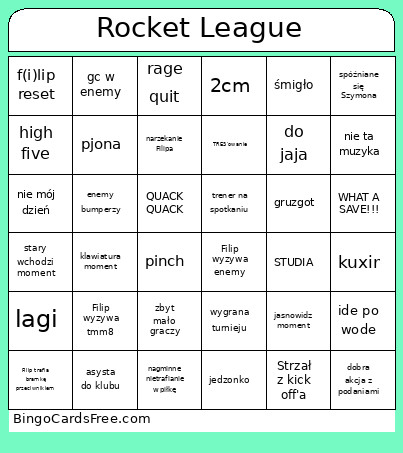 Rocket League Bingo Card
