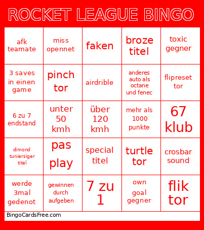 ROCKET LEAGUE Bingo Card