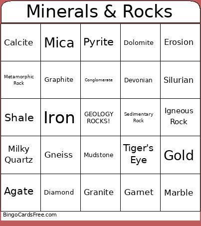 Rocks & Minerals Hunt Bingo Card
