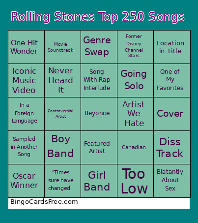 Rolling Stones Top 250 Songs Bingo Card