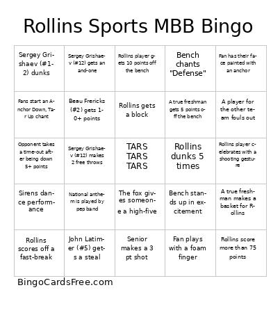 Rollins Sports Bingo Cards Free Pdf Printable Game, Title: Rollins Sports MBB Bingo