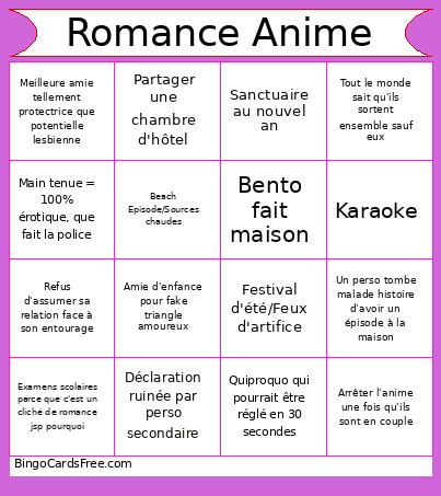 Romance Anime Bingo Card