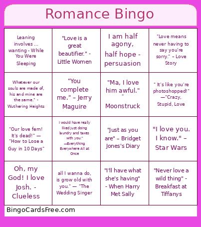 Romance Bingo Card