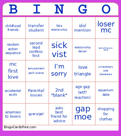 Romance Slop Bingo Card