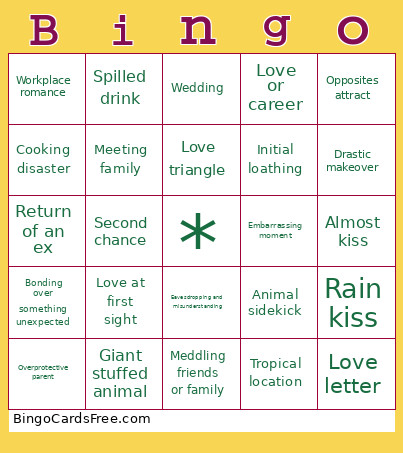Romcoms Bingo Card