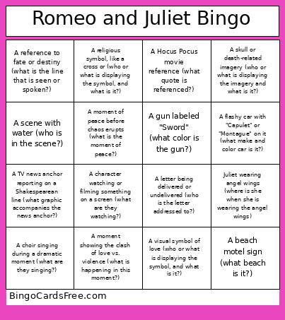 Romeo and Juliet Bingo
