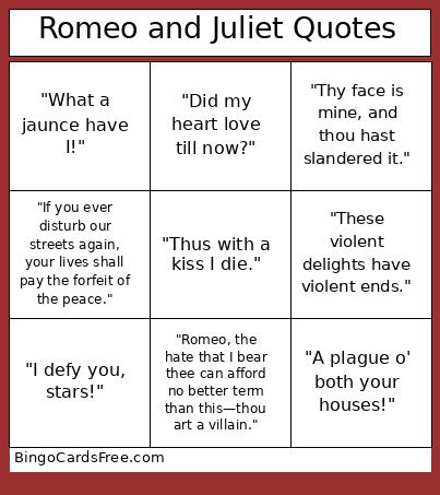 Romeo and Juliet Quotes Bingo