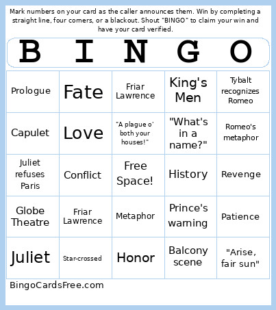 Romeo & Juliet Bingo Card